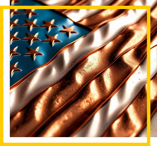 A close-up of a metallic American flag with raised, wavy red and white stripes and embossed stars, framed by a yellow and white border.
