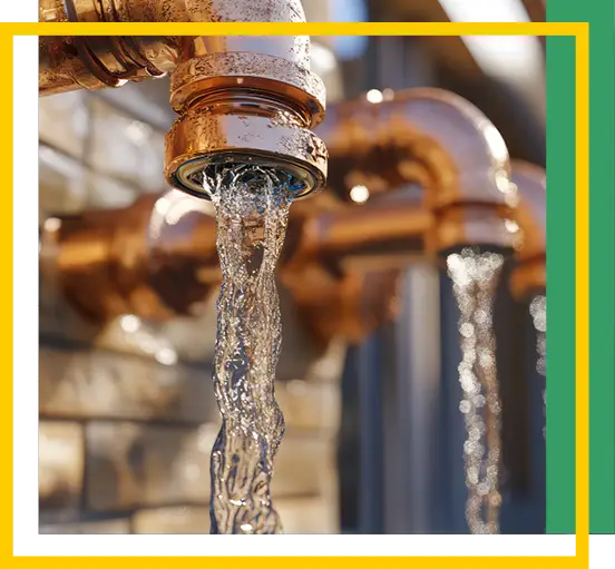Close-up of water flowing from a copper pipe faucet, with another similar faucet in the background. The scene is framed by yellow, white, and green lines on the edges of the image.