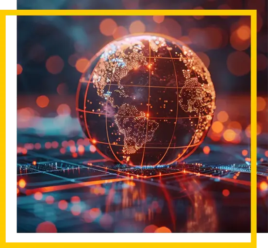 A glowing digital globe with orange lights shows continents and network lines, resting on a futuristic, illuminated circuit board, symbolizing global technology and connectivity.