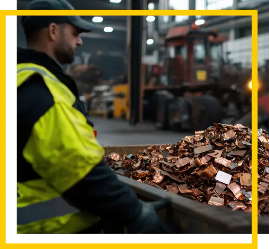 A worker in a high-visibility jacket stands beside a large container filled with scrap metal pieces inside an industrial warehouse. The background shows machinery and a blurred, busy environment.