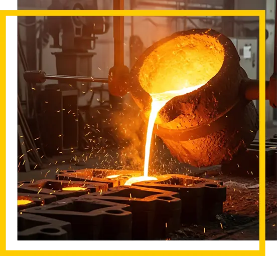 Molten metal is being poured from a large crucible into molds in an industrial foundry, with bright orange liquid and sparks illuminating the scene.