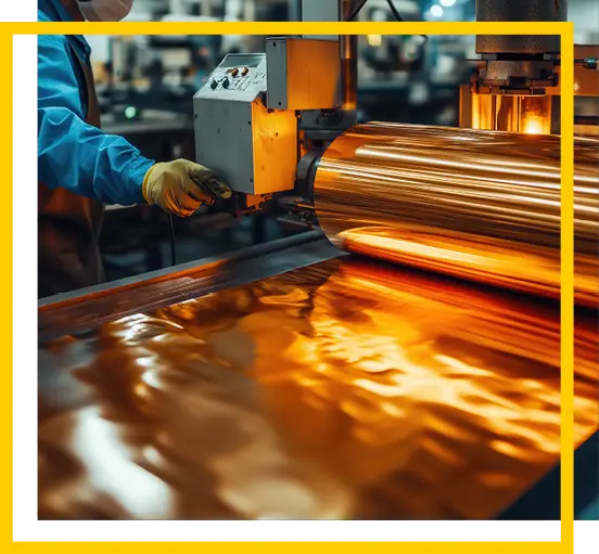 A worker operates a machine that processes a large sheet of shiny copper or metal foil in an industrial setting. The area is brightly lit, and the worker wears safety gloves and a face mask.