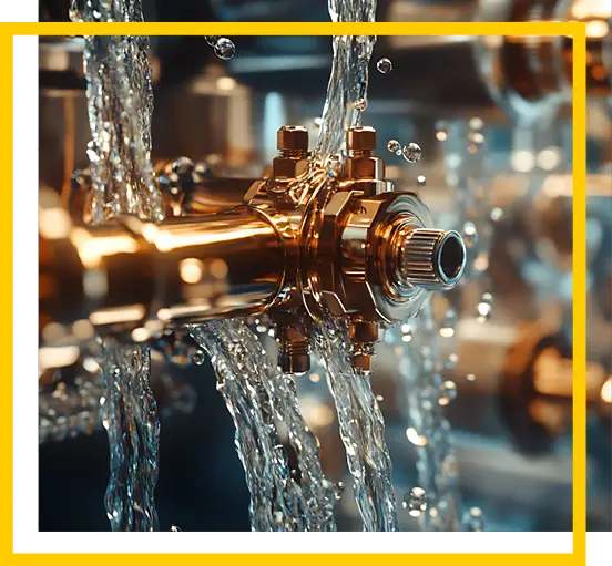 Close-up of metal pipes with water spraying and splashing out from the joints, suggesting a leak or burst in an industrial plumbing system.