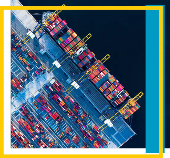 Aerial view of a busy shipping port with rows of colorful shipping containers and large yellow cranes, bordered by blue and yellow graphic lines.