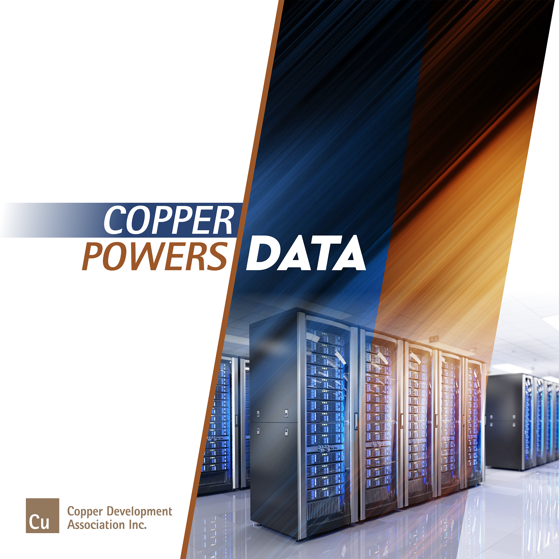 Server room with copper-colored and blue lighting, overlaid text reads “Copper Powers Data.” Copper Development Association Inc. logo appears in the corner.