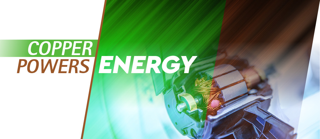 Text reads “Copper Powers Energy” over a blurred image of copper wires in machinery, with a green and brown gradient overlay suggesting movement and energy.