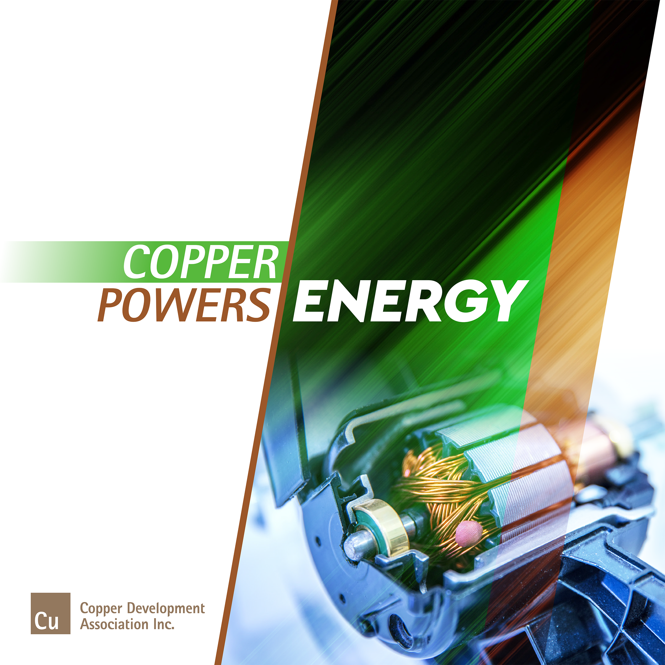A stylized image of an electric motor with green and orange motion streaks. Text reads Copper Powers Energy. The Copper Development Association Inc. logo appears in the bottom left corner.