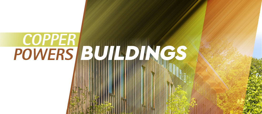 Text reading Copper Powers Buildings overlays a building with vertical wooden slats and green foliage, with diagonal sunlight and copper-colored accents creating a dynamic, modern look.