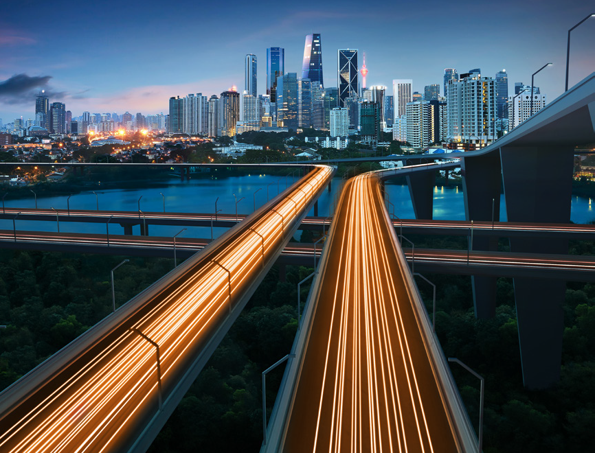 Copper-coloured city light streaks