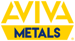 Logo for Aviva Metals. AVIVA is written in large, bold yellow letters above a blue rectangle containing the word METALS in yellow uppercase letters.