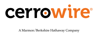 The logo for Cerrowire features the brand name in lowercase, with cerro in black and wire in orange. Below it reads A Marmon/Berkshire Hathaway Company in smaller black text.