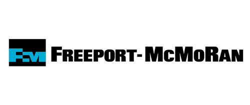 The Freeport-McMoRan logo features a black and blue FM symbol on the left and the company name Freeport-McMoRan in bold black text on the right.