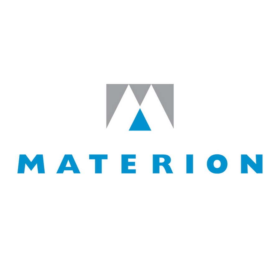 Materion logo featuring the company name in blue uppercase letters below a stylized M formed by two gray triangles and a smaller blue triangle. The background is white.