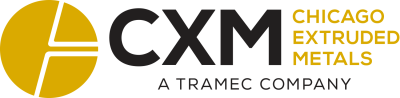 CXM logo with a yellow circle and white lines on the left, bold black letters CXM, and gold text Chicago Extruded Metals, a Tramec Company on the right.