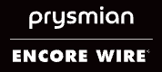 Black background with prysmian written in lowercase white text above a line; below the line, ENCORE WIRE is written in bold, white uppercase letters.